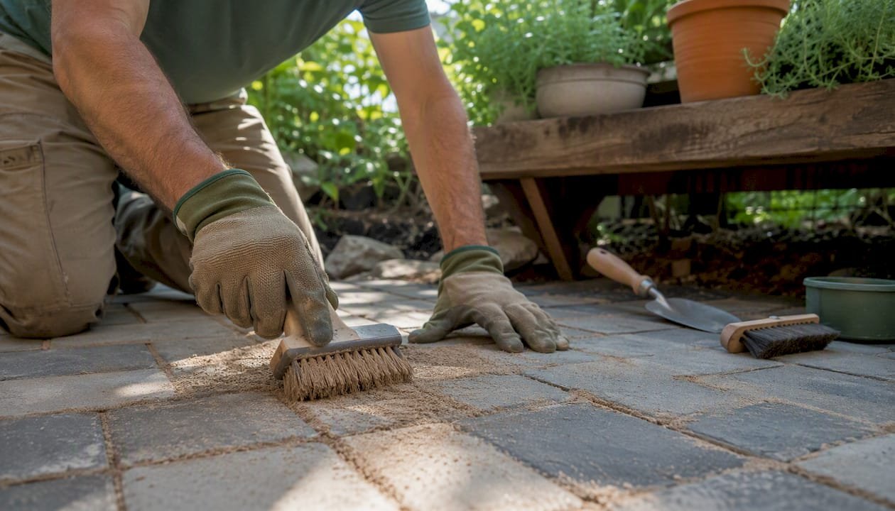 Hands leveling polymeric sand into paver joints