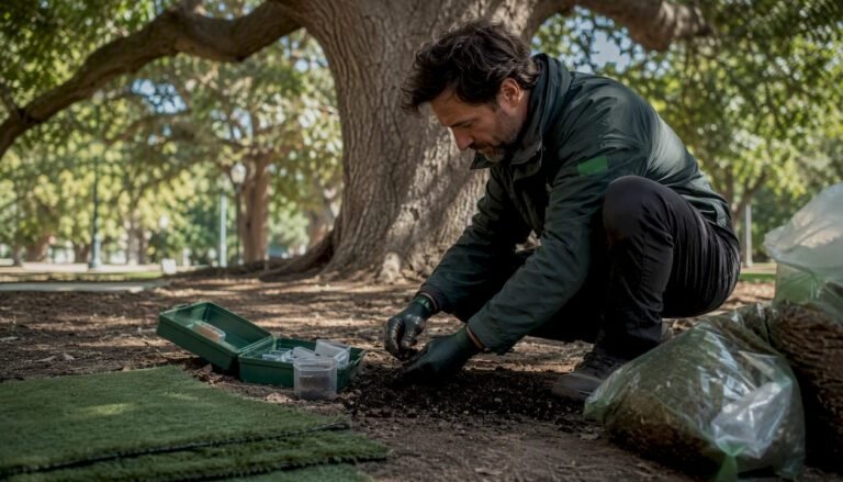 Arborist inspecting soil near tree for turf installation