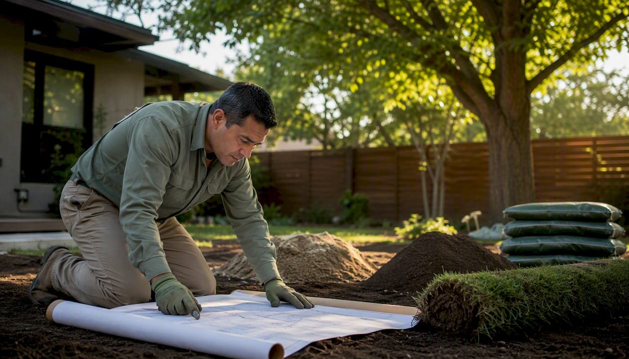 Landscaper managing turf installation near tree protection