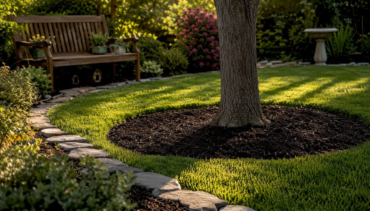 Mulch ring around tree with turf buffer space