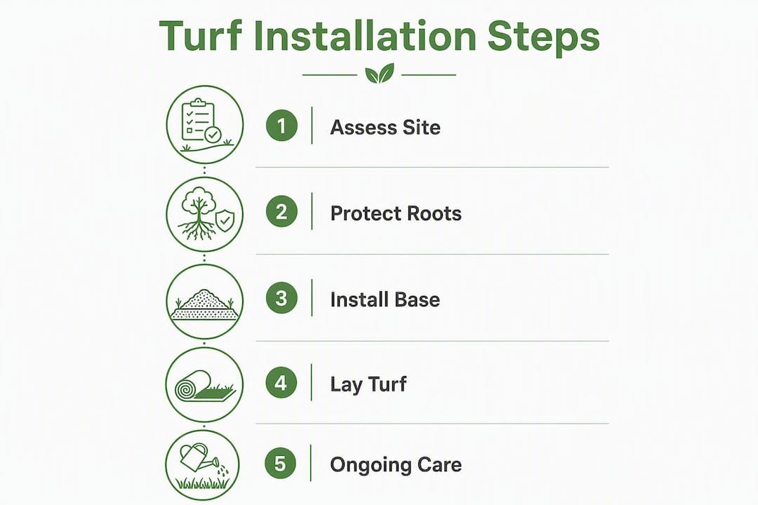 Infographic illustrating steps for safe turf installation near trees