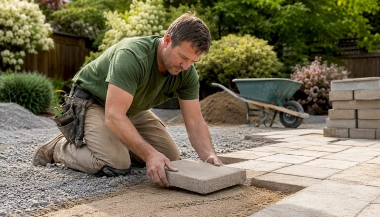Man installing pavers over concrete patio