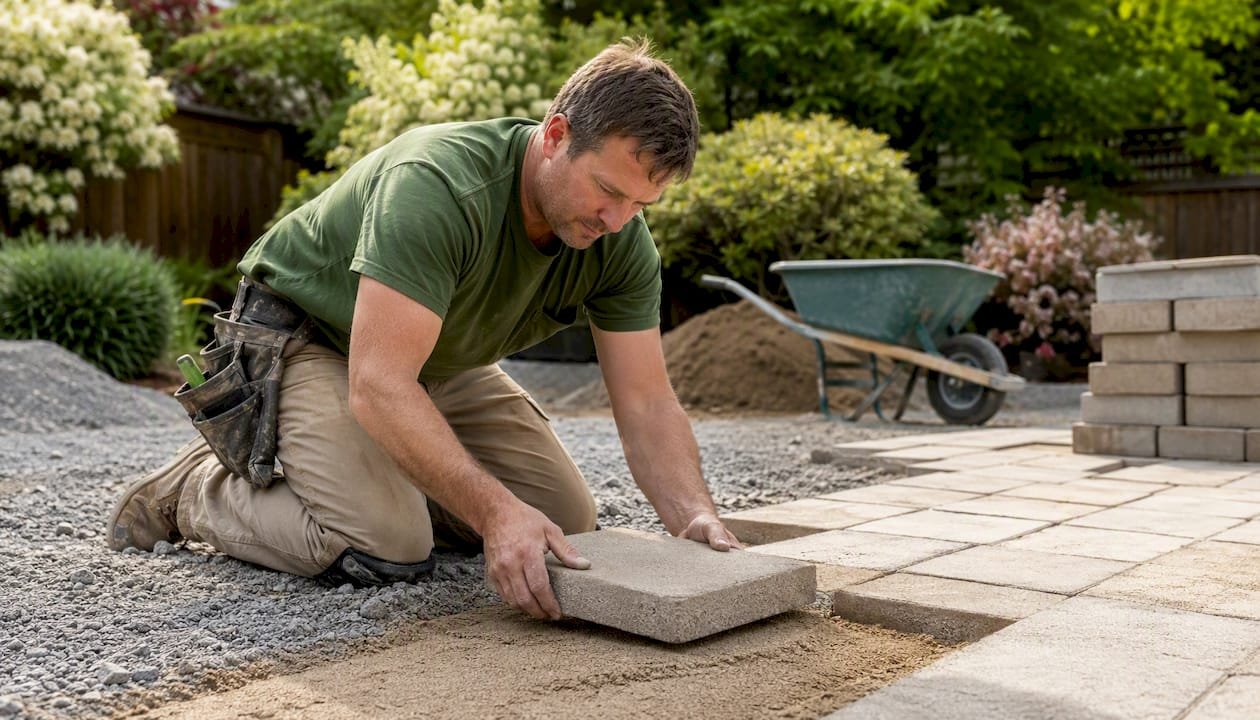 Man installing pavers over concrete patio