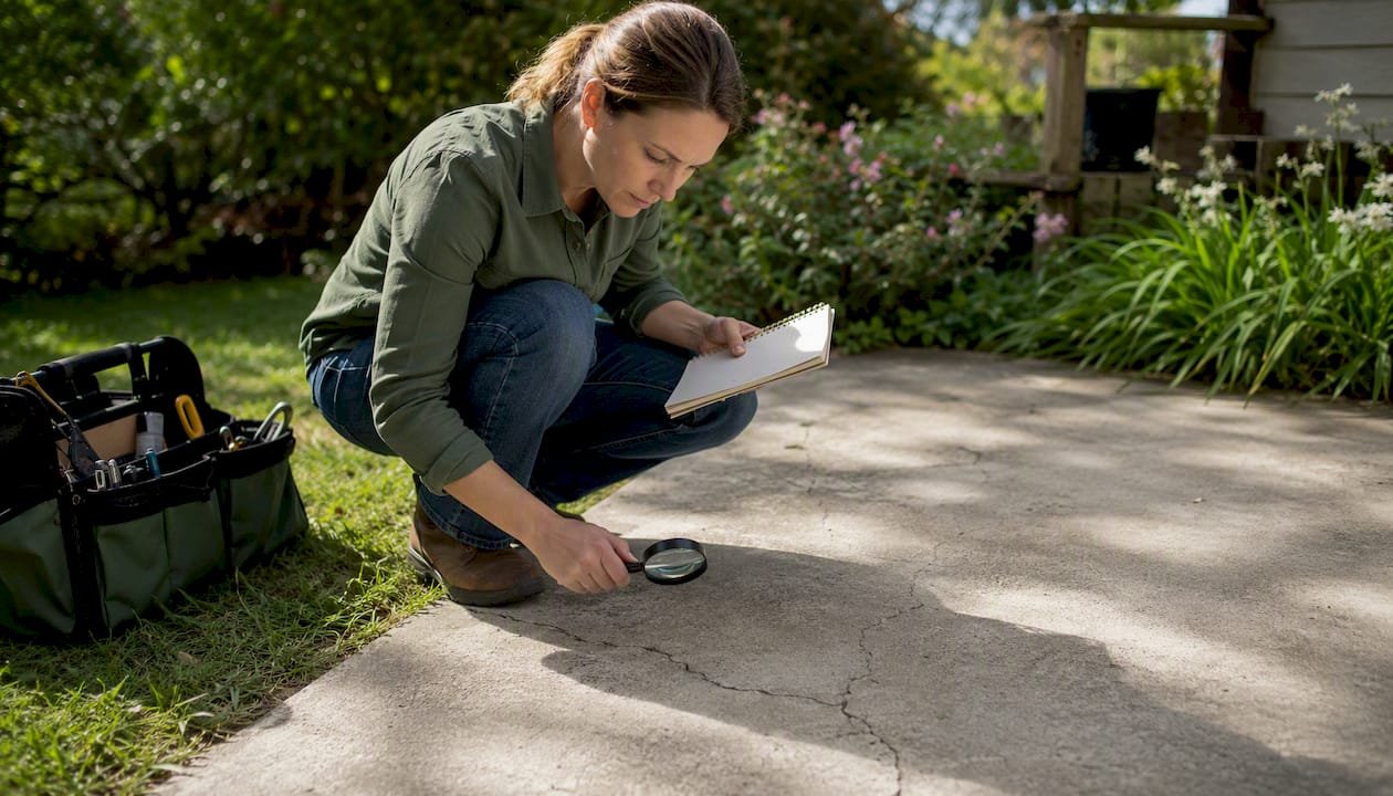 Inspector examining cracks on concrete slab