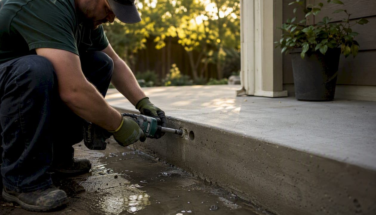Drilling drainage holes in concrete slab