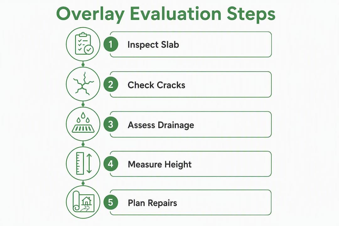 Infographic showing steps to evaluate slab for paver overlay