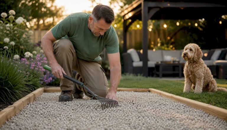 Man adding pea gravel to dog run