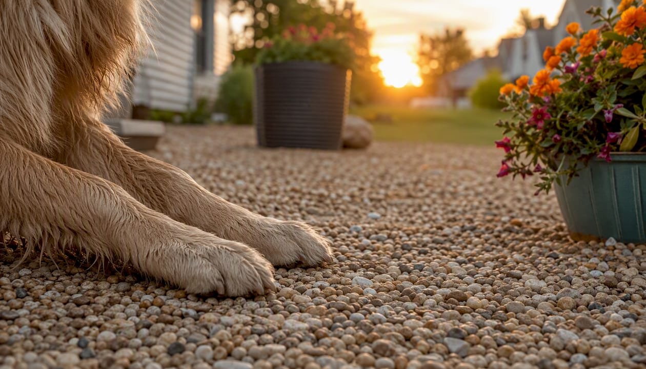 Dog paws on sun-warmed gravel