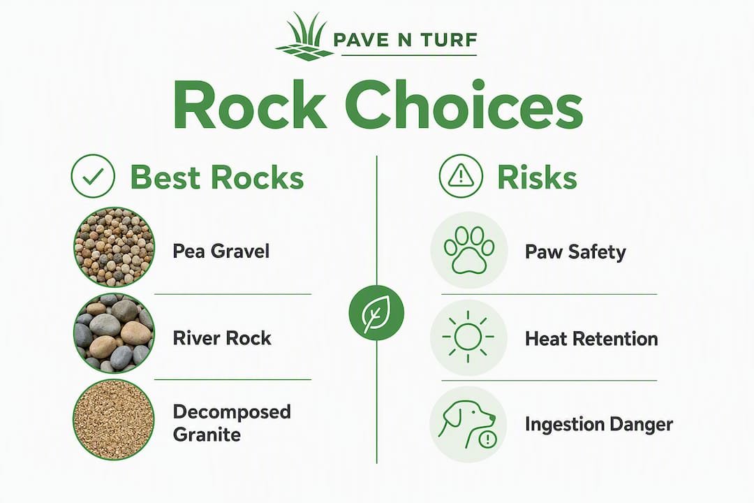 Infographic comparing dog run rock options and safety risks