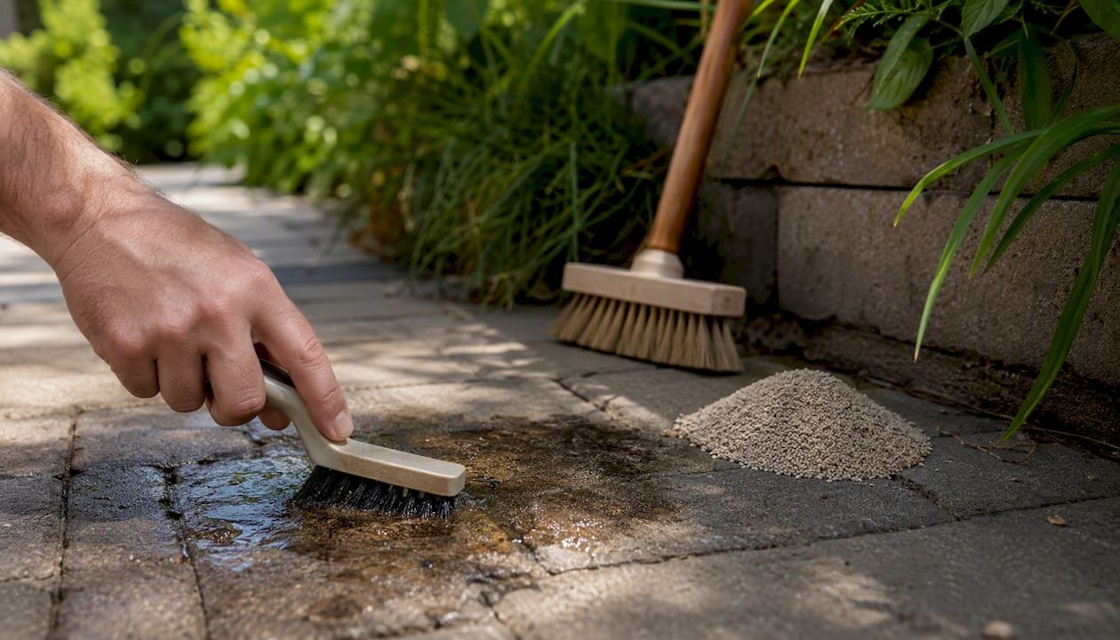 Applying degreaser to grease stain on paver