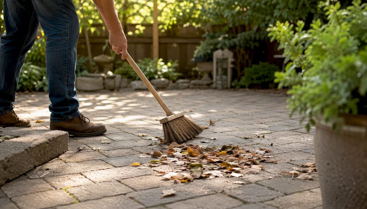 Person sweeping debris off paver patio