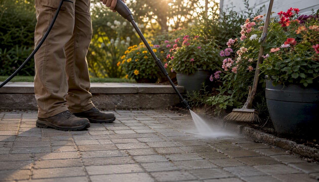 Close-up of pressure washing pavers test patch