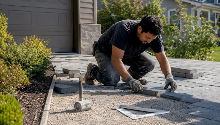 Worker installing driveway apron pavers outdoors