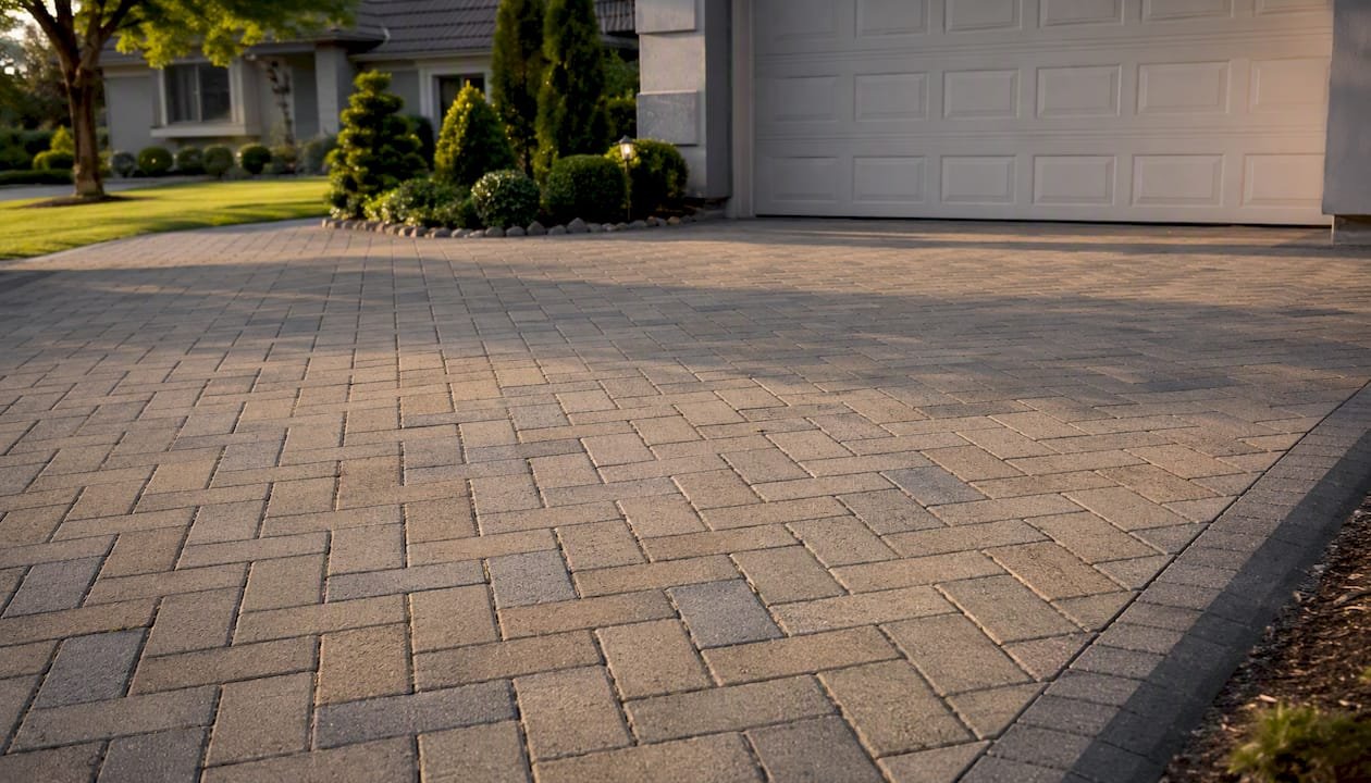 Herringbone pattern and border on driveway apron pavers