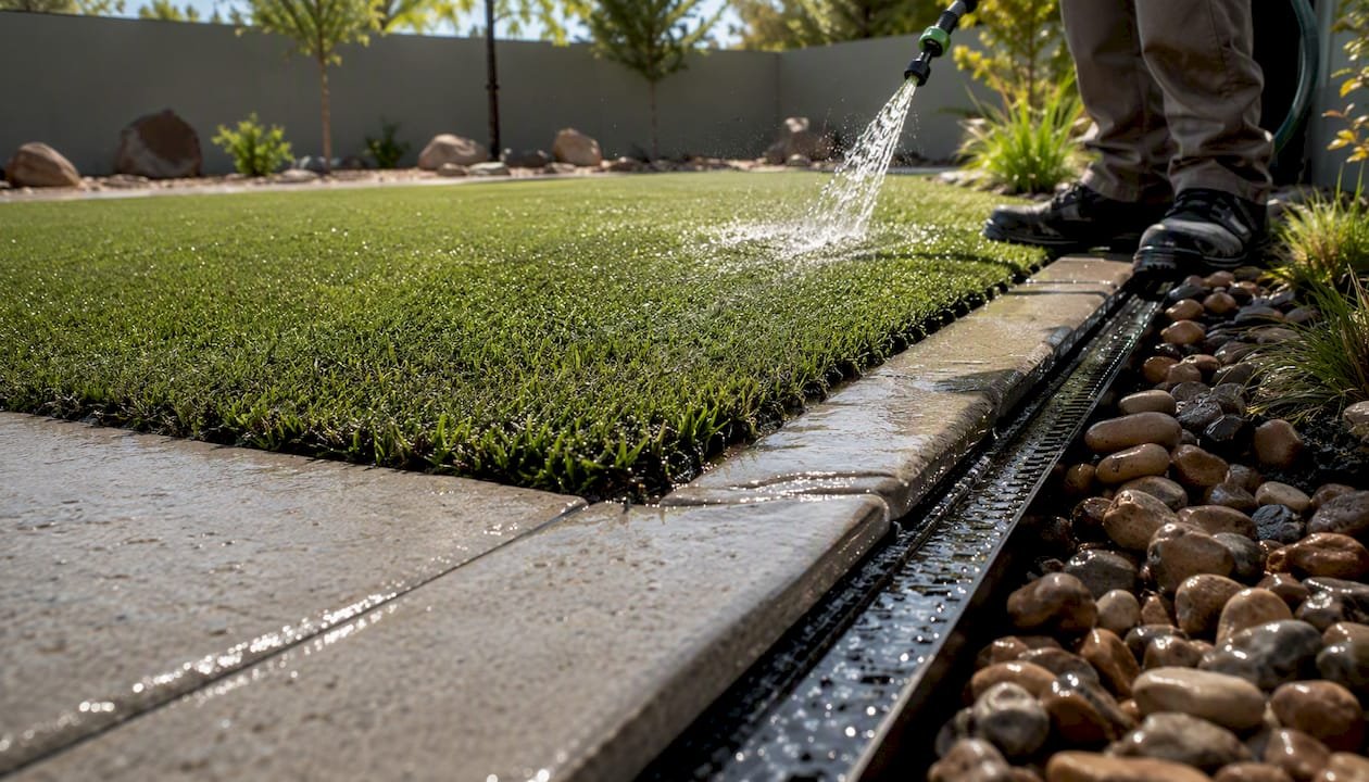 Water draining through artificial grass on concrete