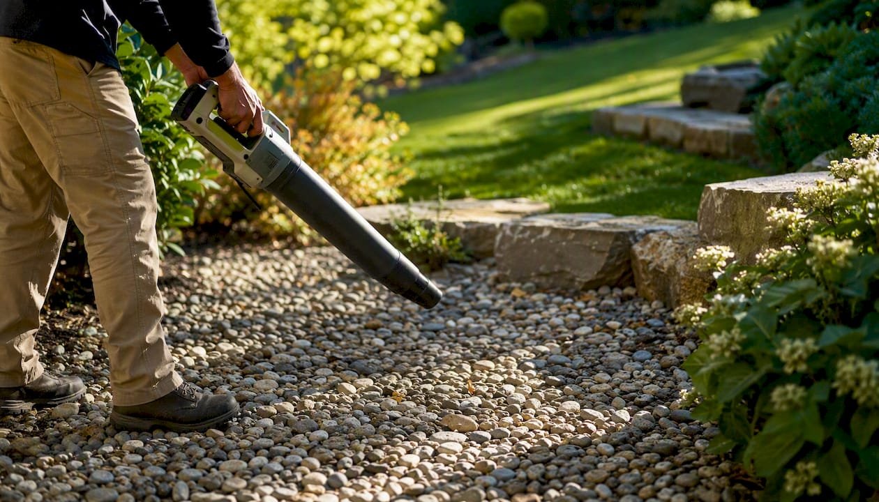 Person leaf blowing a landscape rock bed