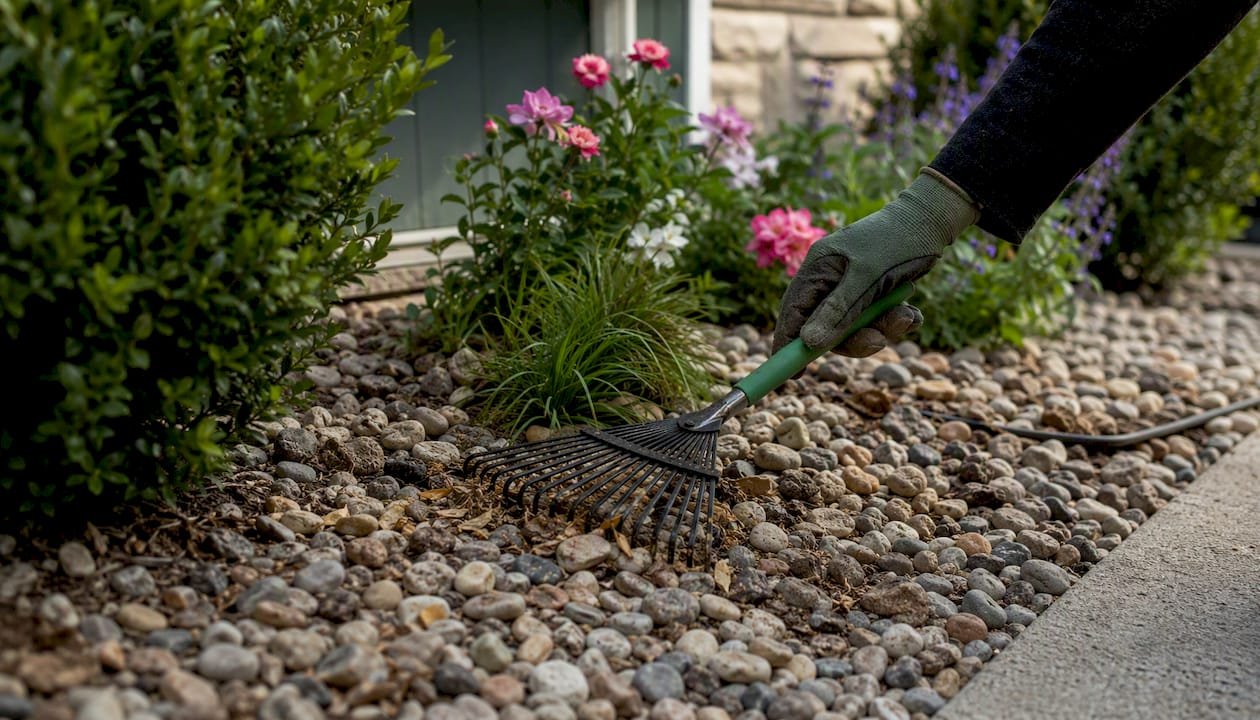 Bow rake clearing debris from rock bed
