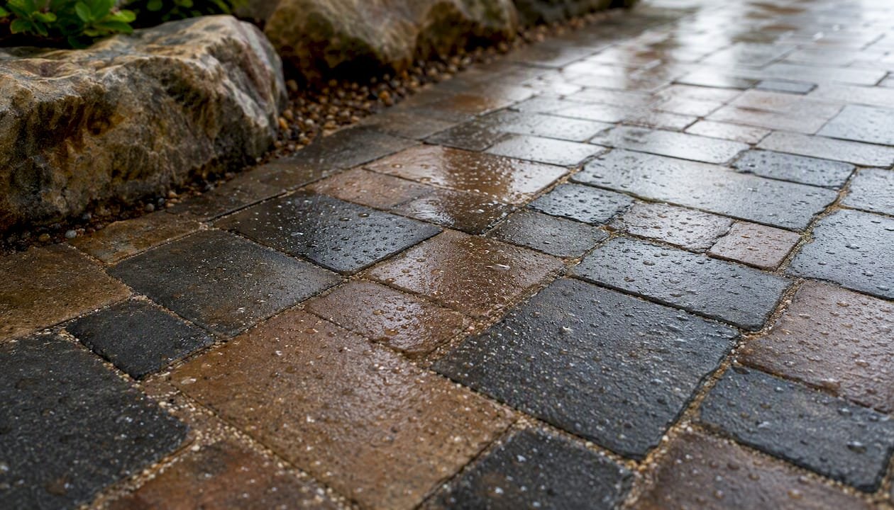Glossy sealed pavers with water droplets