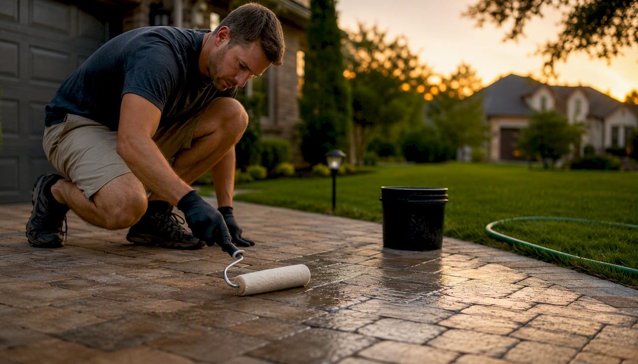 Homeowner rolling sealer over stone pavers