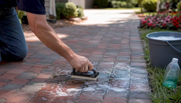 Hand scrubbing oil stain on paver patio
