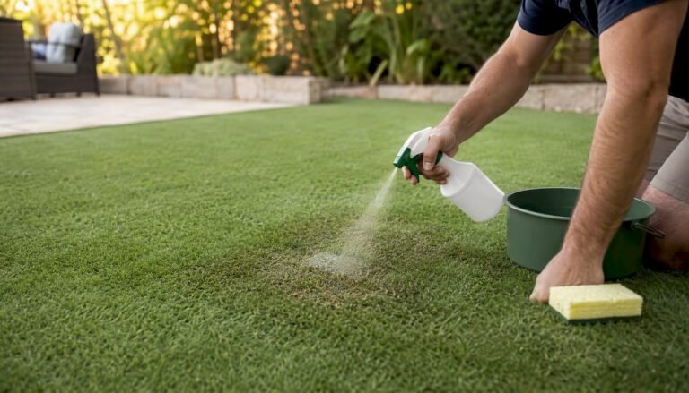 Hands pouring water on artificial turf