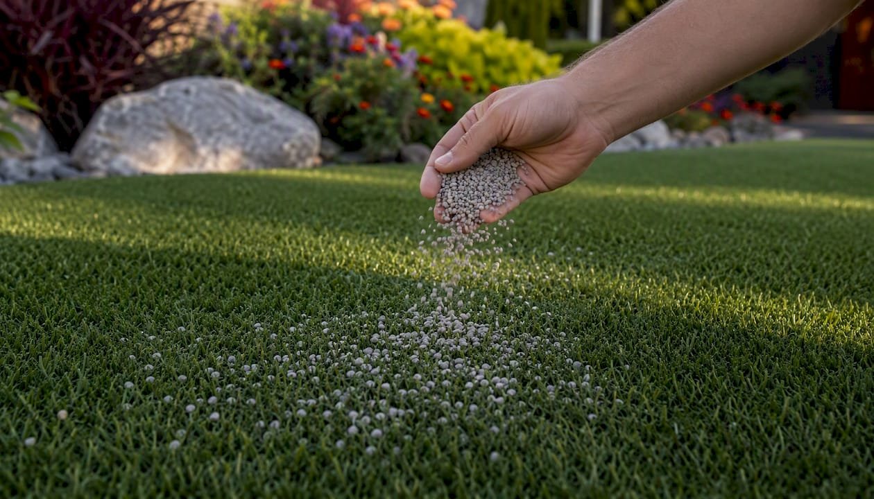 Hand spreading zeolite granules on artificial turf