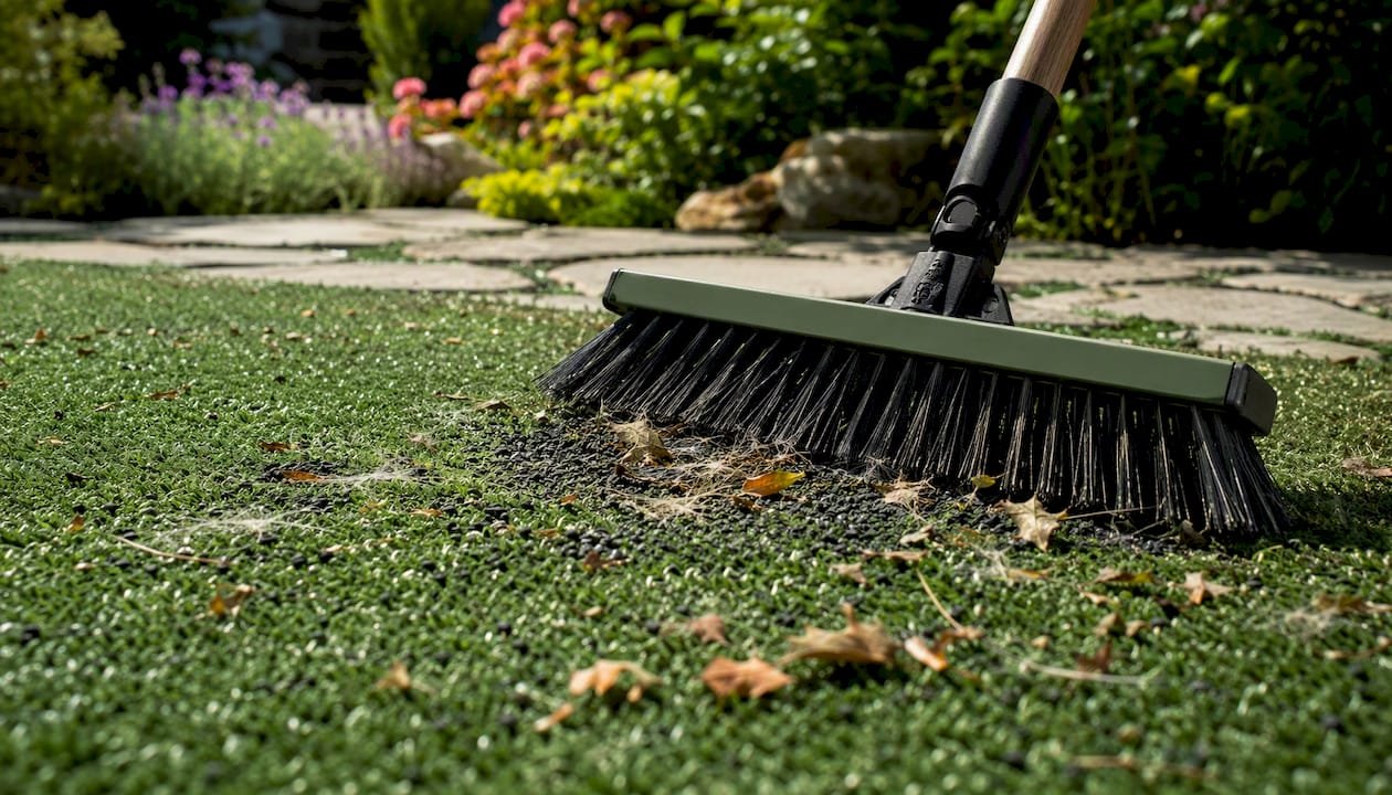 Brushing organic debris from artificial turf