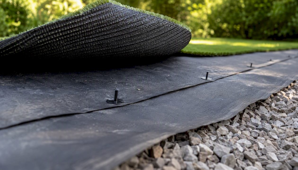 Geotextile weed membrane installation under turf