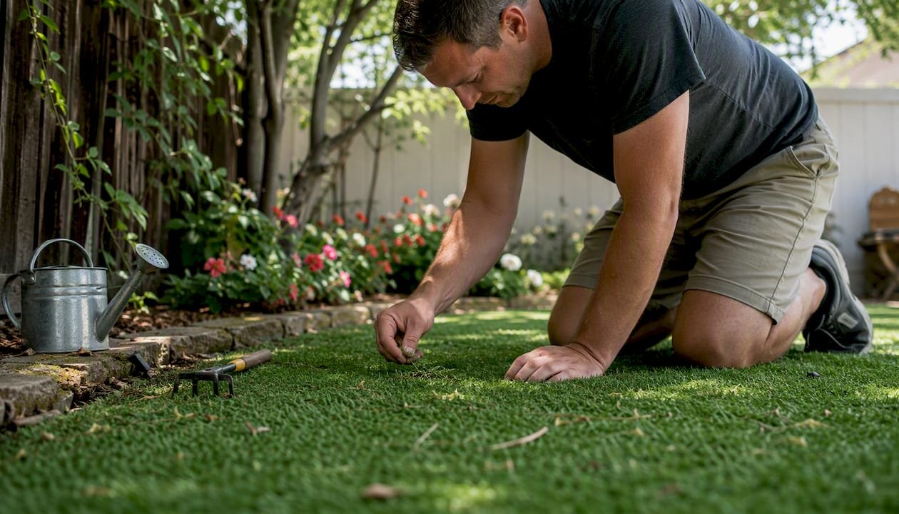 Person hand-pulling weeds from artificial turf