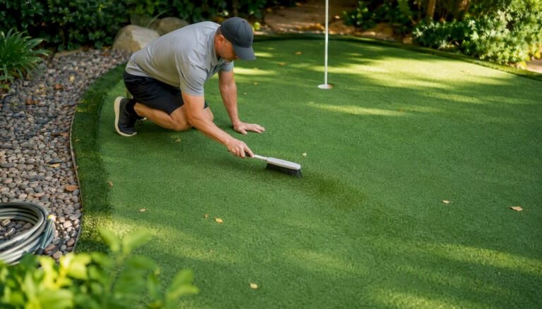Homeowner brushing artificial turf putting green