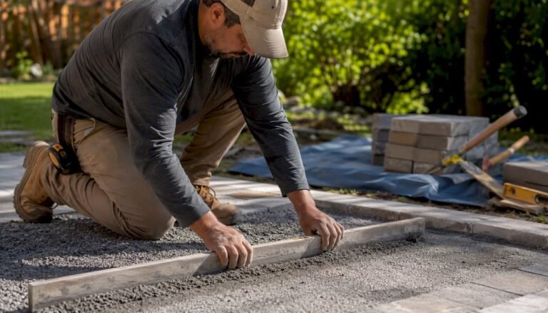 Hands leveling gravel base for paver walkway