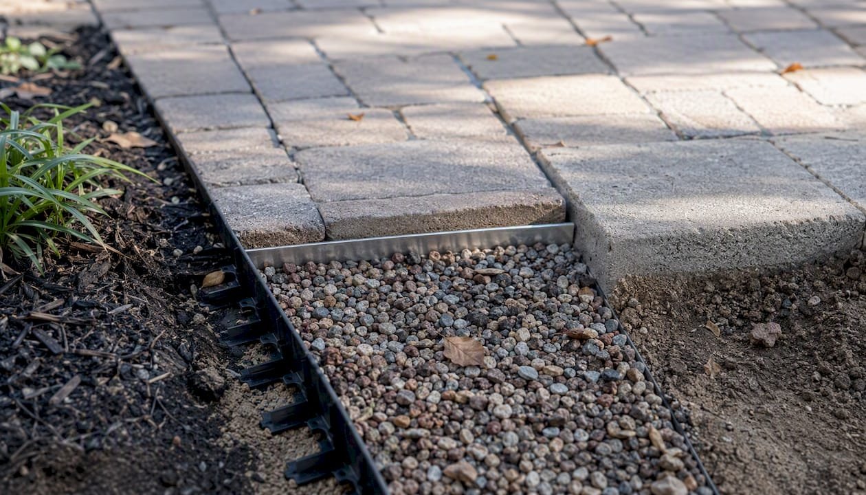 Various paver walkway edge restraints close-up
