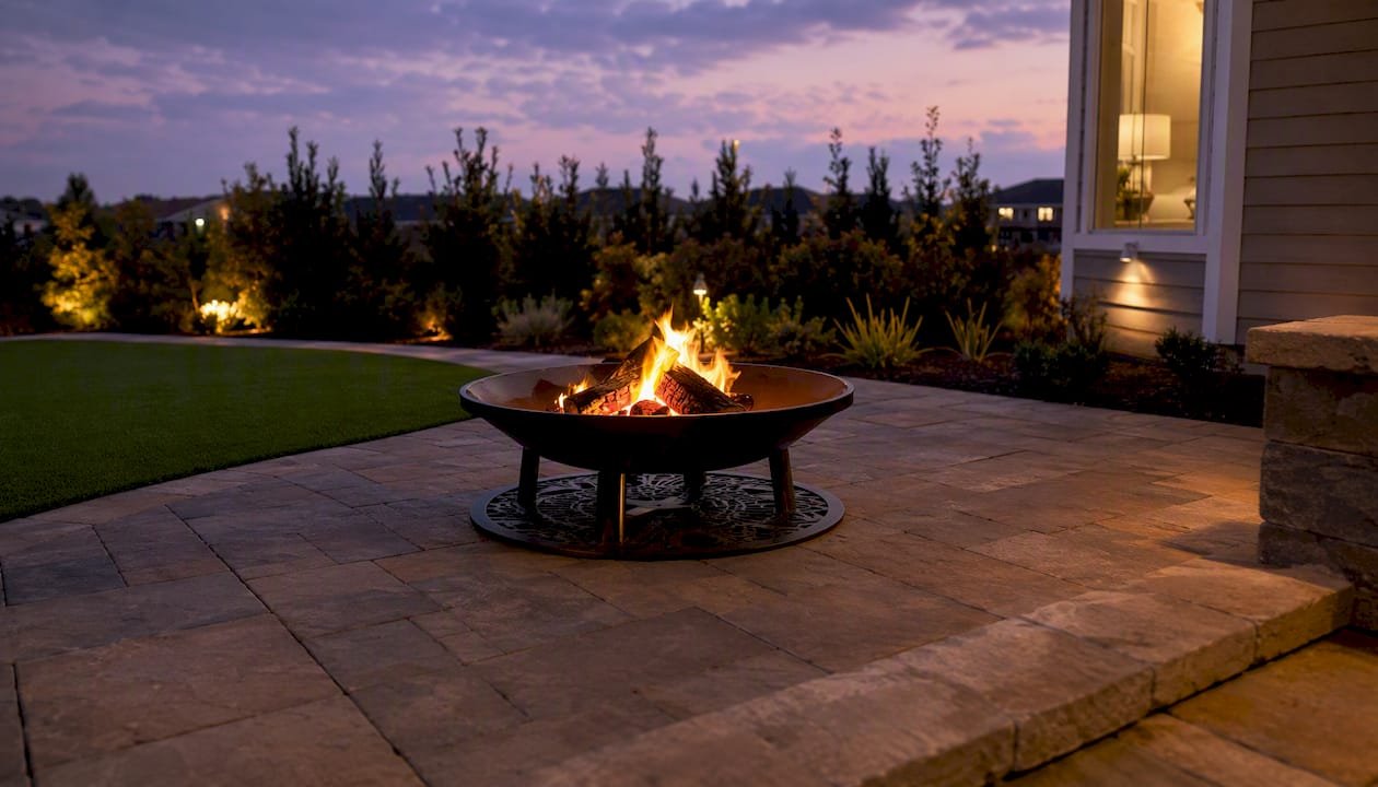 Raised wood-burning fire pit on protective pad