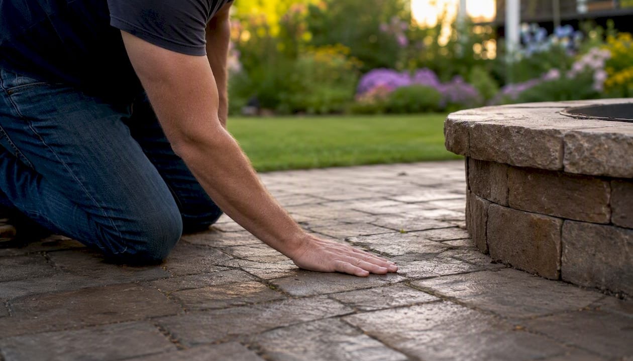Hand checking dampness on paver surface