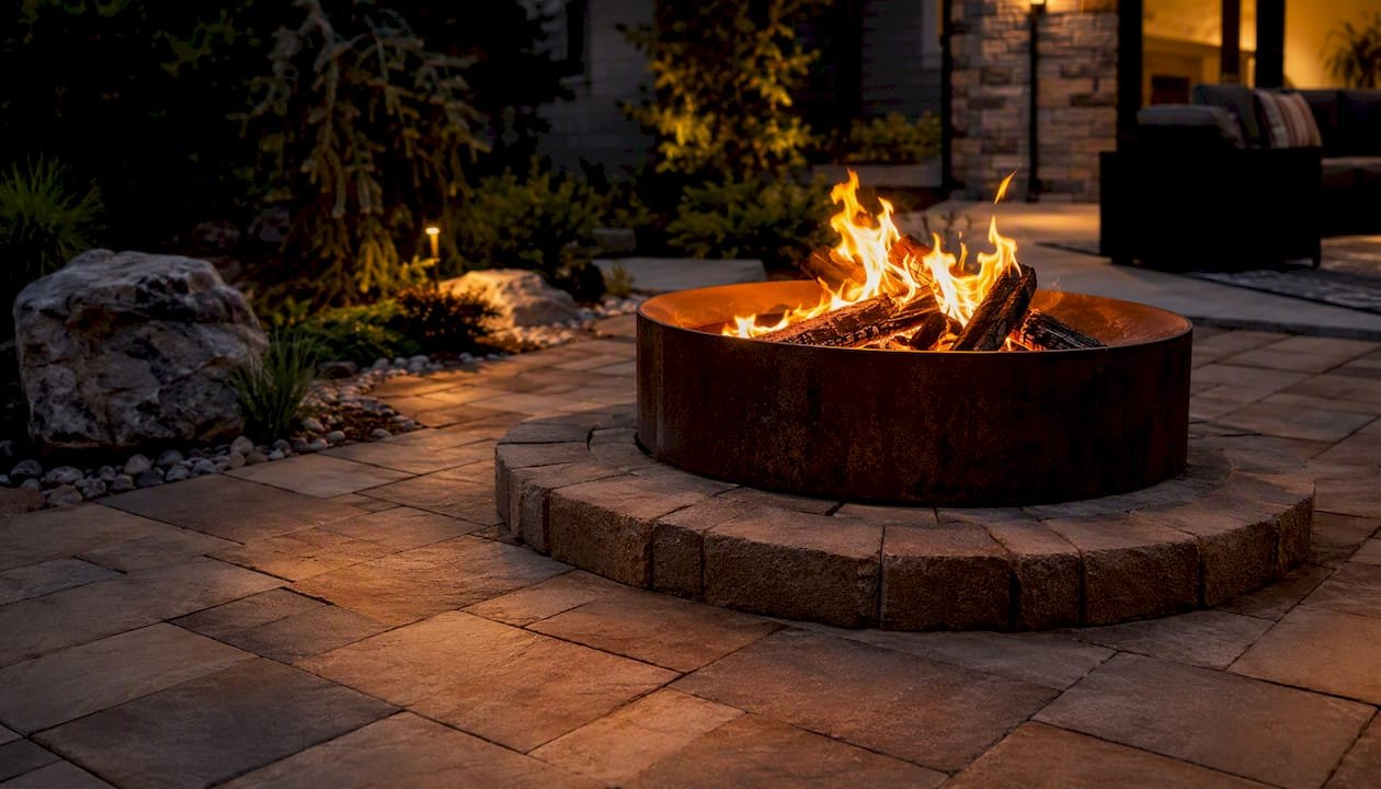 Fire pit on paver patio with heat barrier