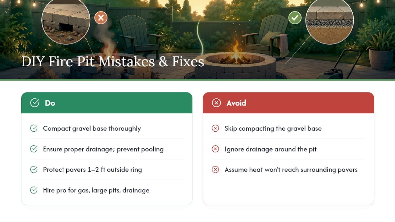 Diagram summarizing DIY fire pit mistakes and solutions