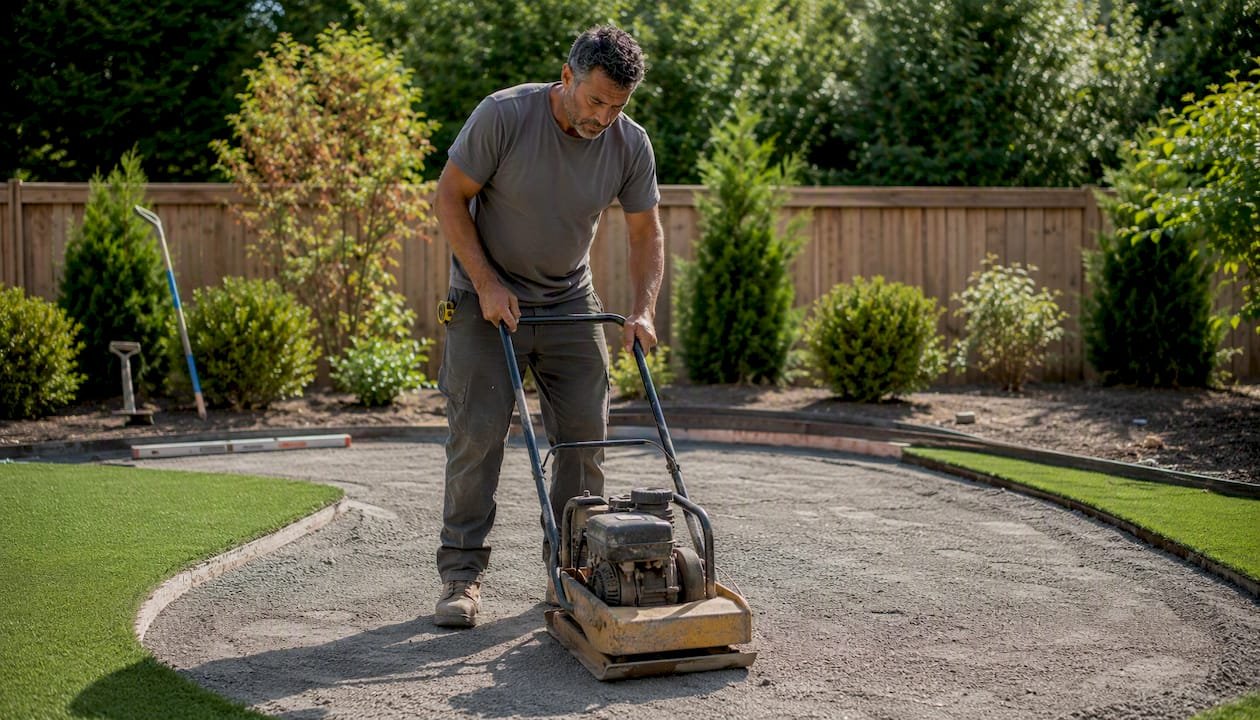 Craftsman shaping putting green base outdoors