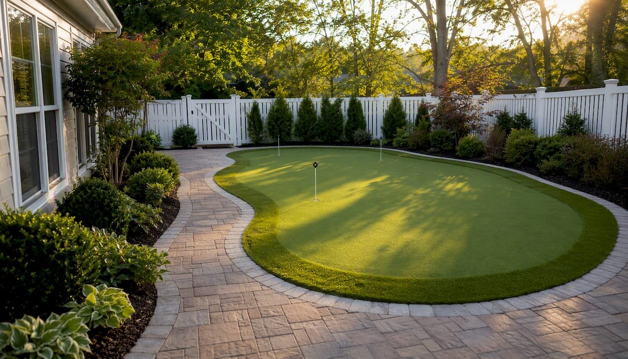 Kidney-shaped backyard putting green with paver edging