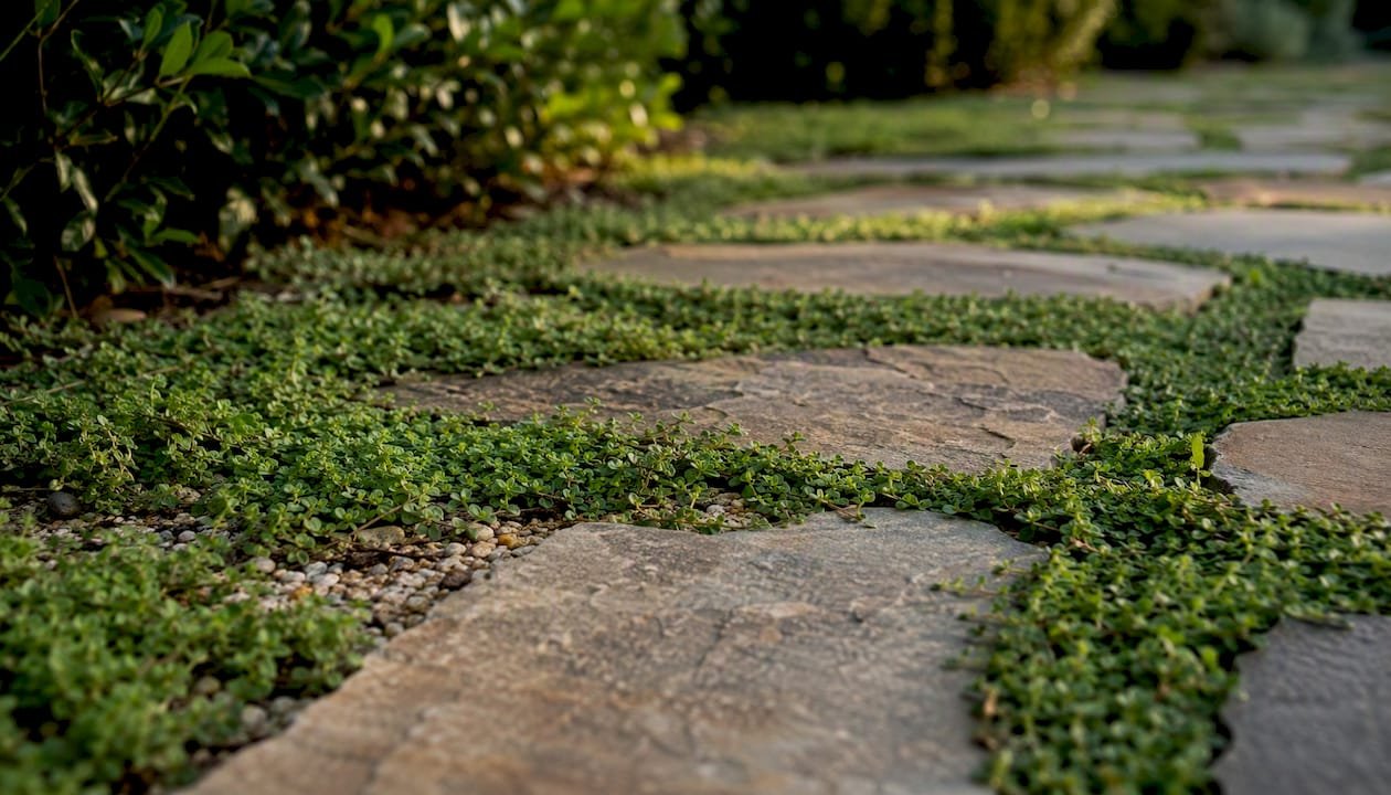 Living groundcover growing between stone pavers