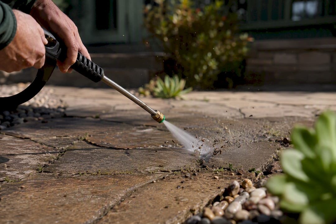 Pressure washer cleaning weeds from paver joints