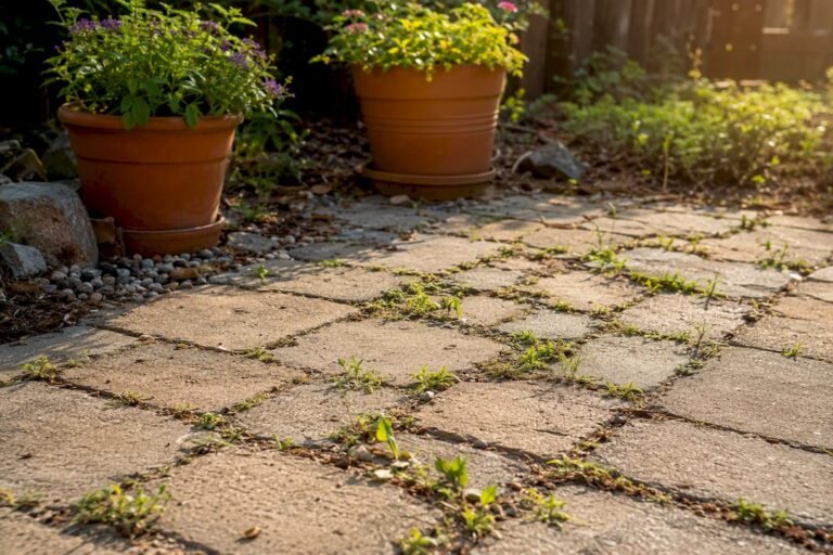 Close-up of weeds growing between stone pavers