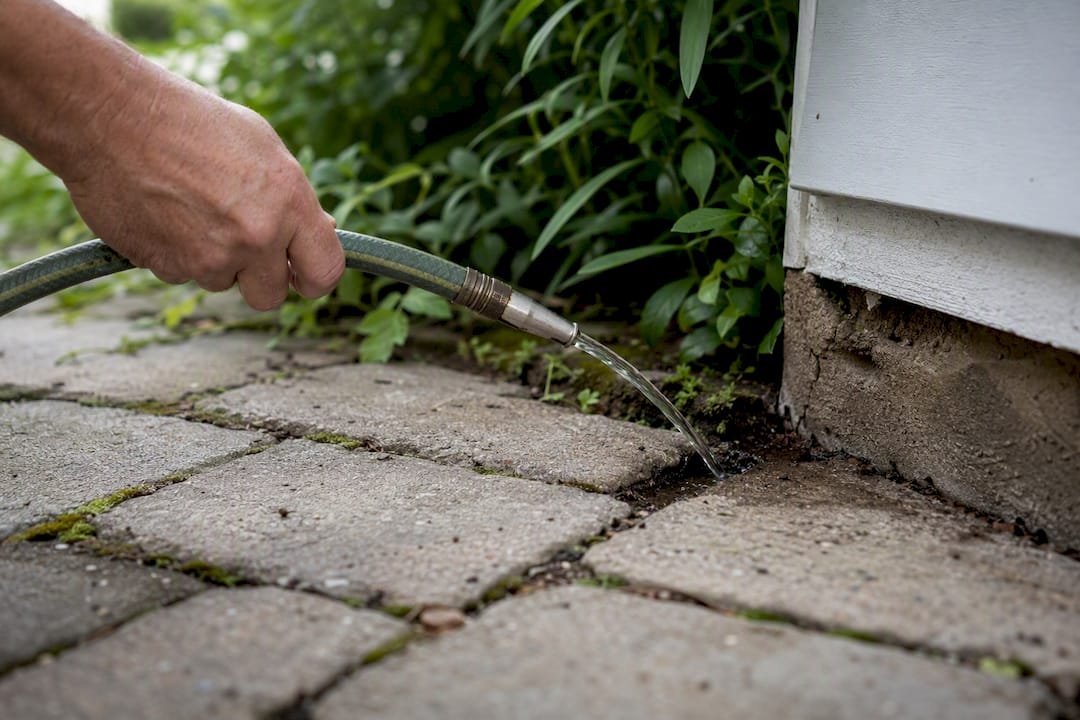 Water stream treating ant nest near foundation