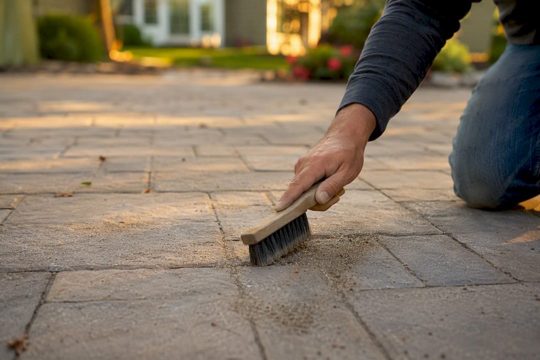 Hand refreshing polymeric sand in paver joints