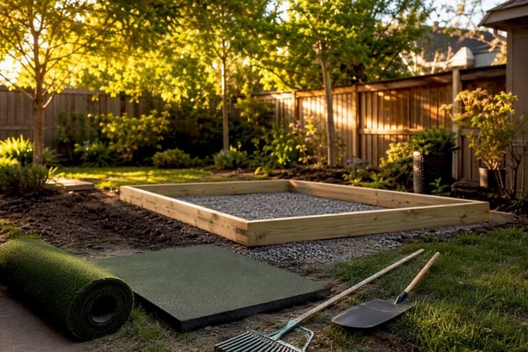 Partially built backyard golf tee box frame and materials