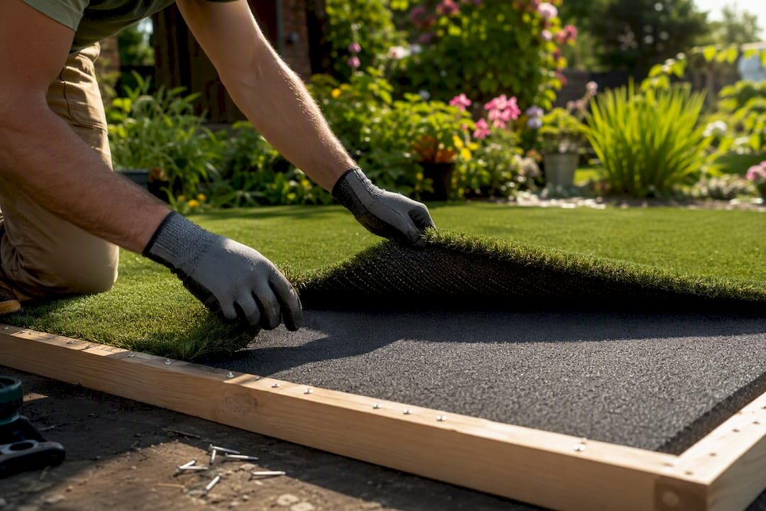 Hand installing artificial golf turf on foam pad