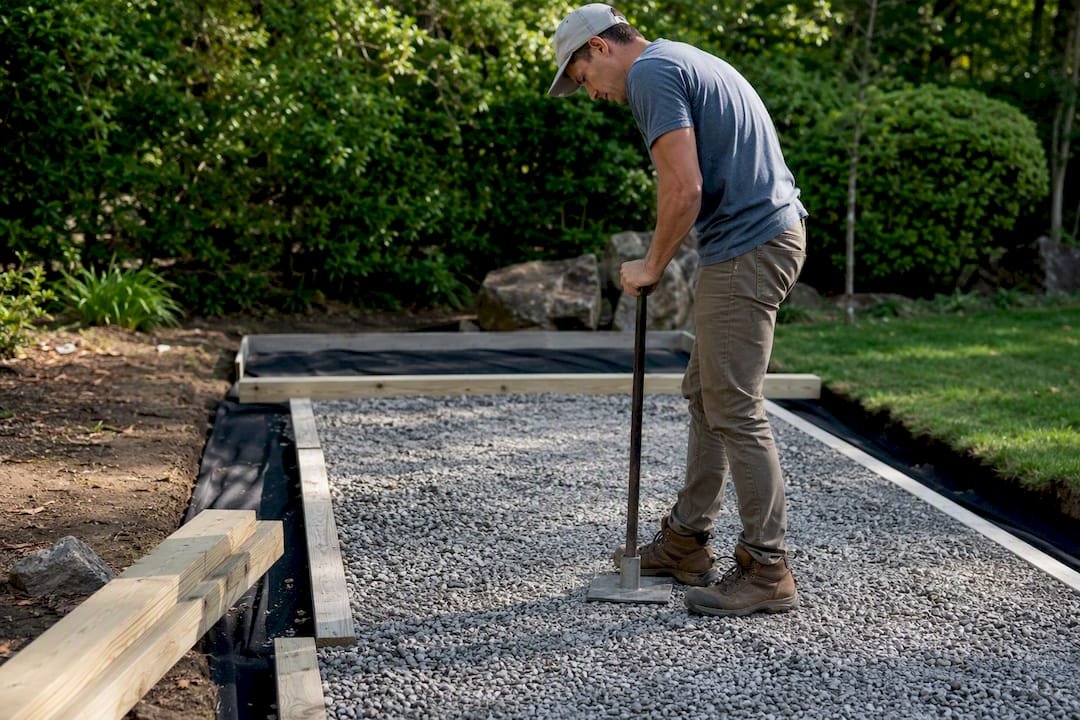 Manual compaction of gravel base under tee box frame