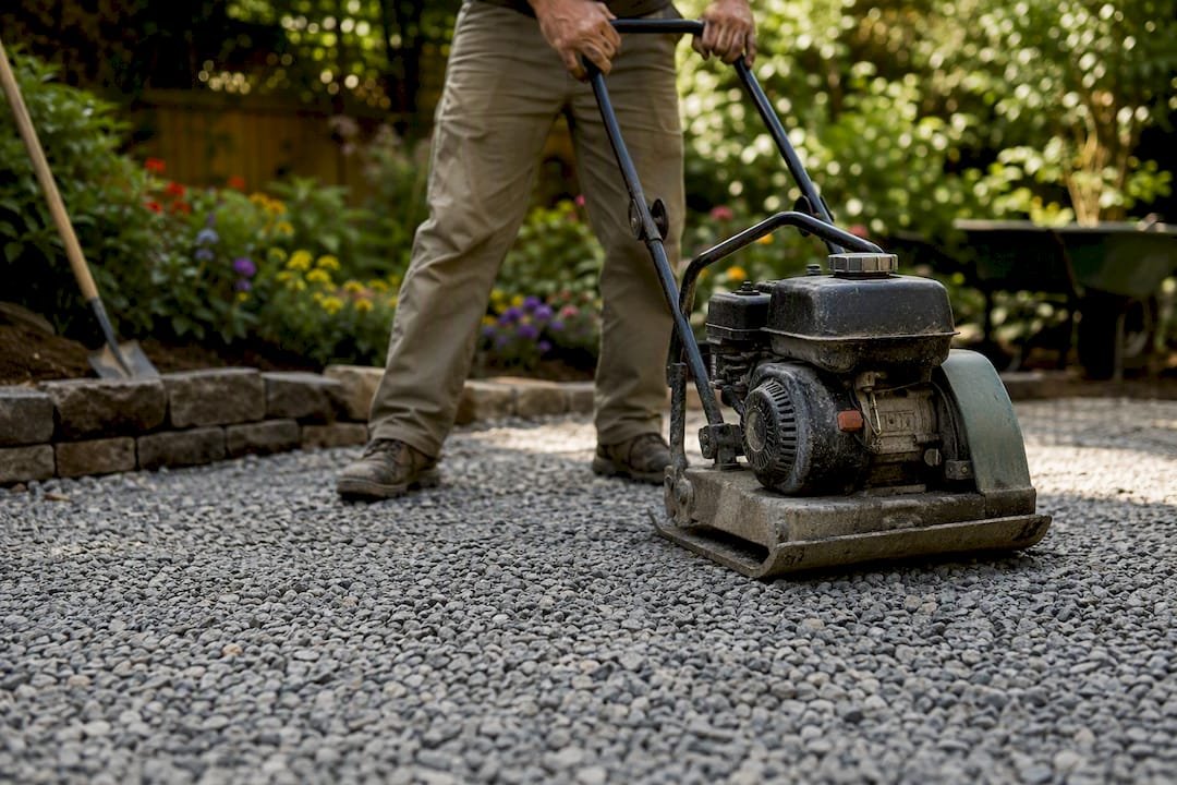 Plate compactor compressing gravel base lift