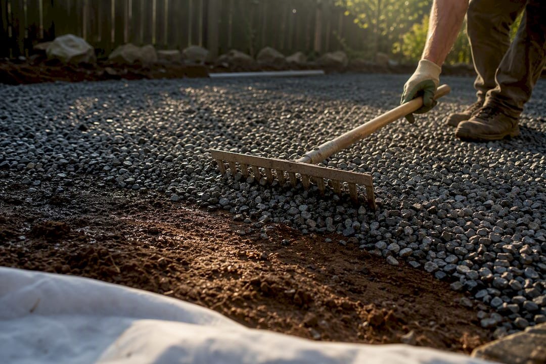 Spreading crushed stone base on clay soil