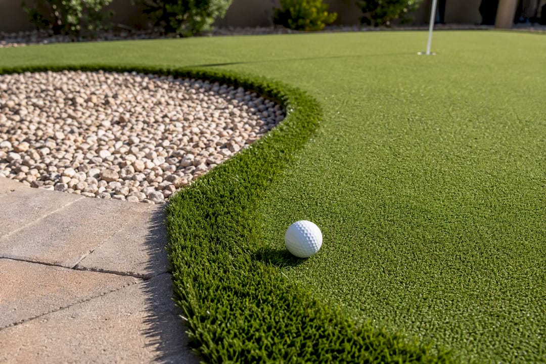 Close-up of artificial turf with golf ball and bunker