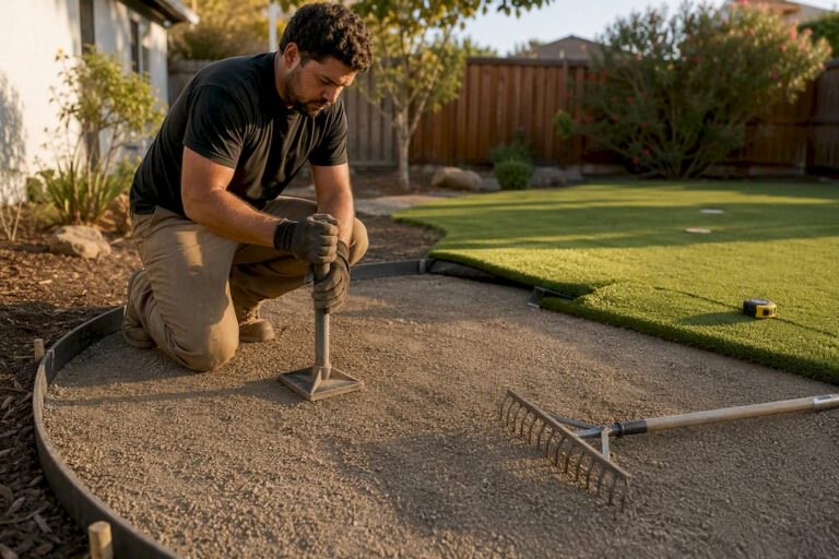 Compacting crushed stone base for golf chipping area